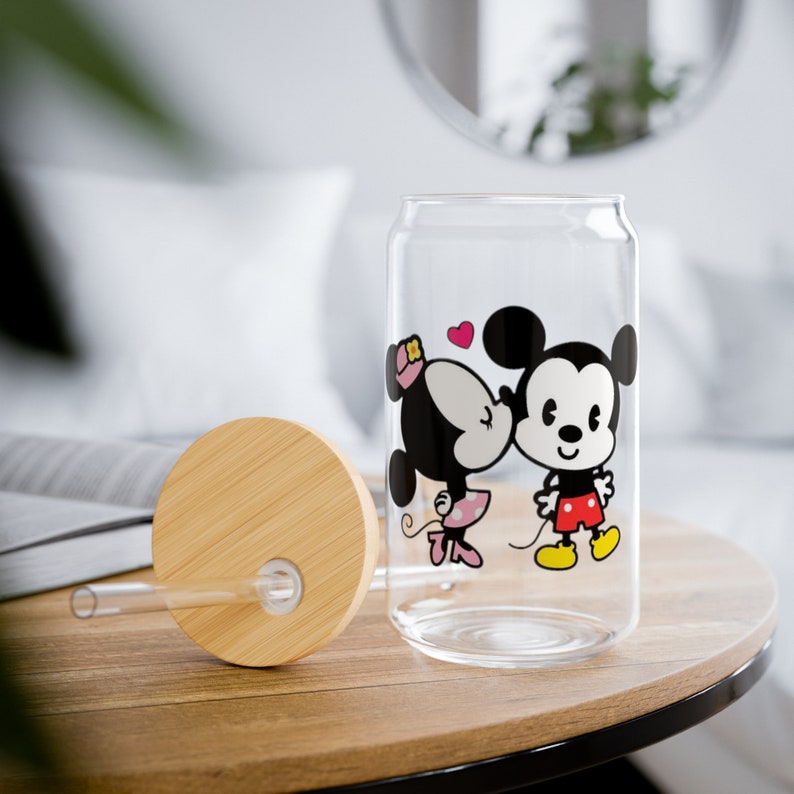 Disney Mickey and Minnie Sipper Glass with Bamboo Lid & Straw, 16oz Glass Tumbler, Mickey Mouse Tumbler, Disney Cup, Minnie Mouse Tumbler image 3