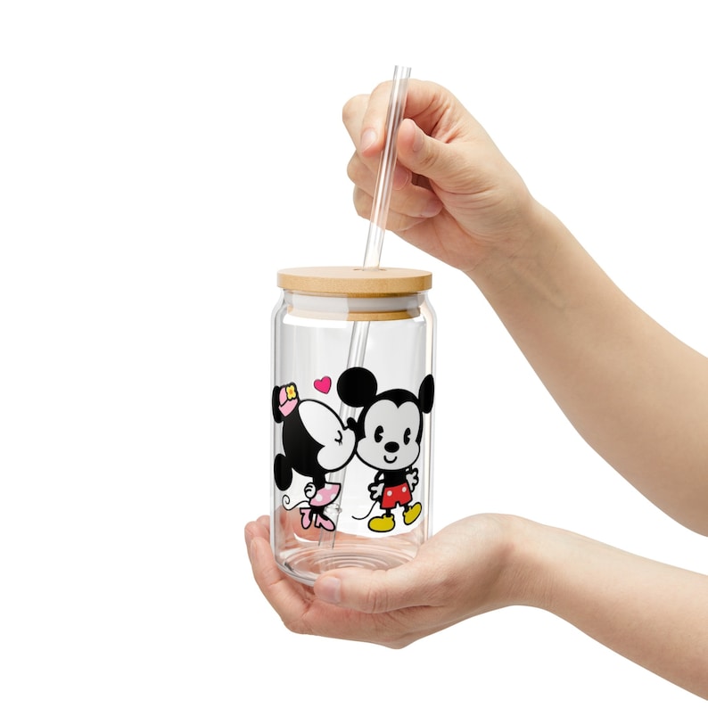 Disney Mickey and Minnie Sipper Glass with Bamboo Lid & Straw, 16oz Glass Tumbler, Mickey Mouse Tumbler, Disney Cup, Minnie Mouse Tumbler image 2