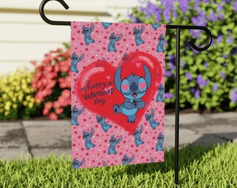 Disney Stitch Valentine's Day Garden Flag, Disney House Banner, Happy Valentine's Day Flag, Stitch Garden Flag, Lilo and Stitch Flag