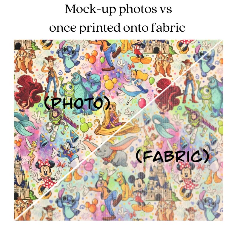 Op de afbeelding: Een vergelijking tussen een digitale mockup en een bedrukt stoffen ontwerp met een kleurrijk patroon van Disney-figuren, waaronder Mickey Mouse, Minnie Mouse, Stitch en meer. De tekst "(PHOTO)" en "(FABRIC)" labelt de twee helften van de afbeelding.