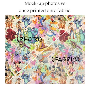 May include: A comparison of a digital mock-up and a printed fabric design featuring a colorful pattern of Disney characters, including Mickey Mouse, Minnie Mouse, Stitch, and more. The text "(PHOTO)" and "(FABRIC)" labels the two halves of the image.