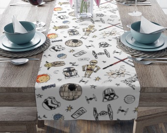 Camino de mesa de algodón con dibujos animados de Star Wars: Darth Vader, sable de luz, soldado de asalto, C3-PO, R2-D2, X-Wing, caza TIE.