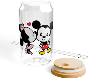 Disney Mickey and Minnie Sipper Glass with Bamboo Lid & Straw, 16oz Glass Tumbler, Mickey Mouse Tumbler, Disney Cup, Minnie Mouse Tumbler