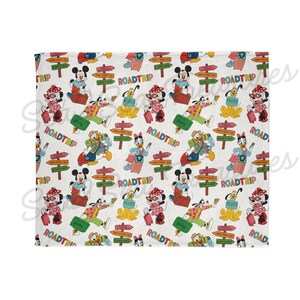 May include: A white fabric with a repeating pattern of Mickey Mouse and Pluto characters on a road trip. The characters are wearing sunglasses and holding suitcases. The background is white with colorful road signs that say "Roadtrip".