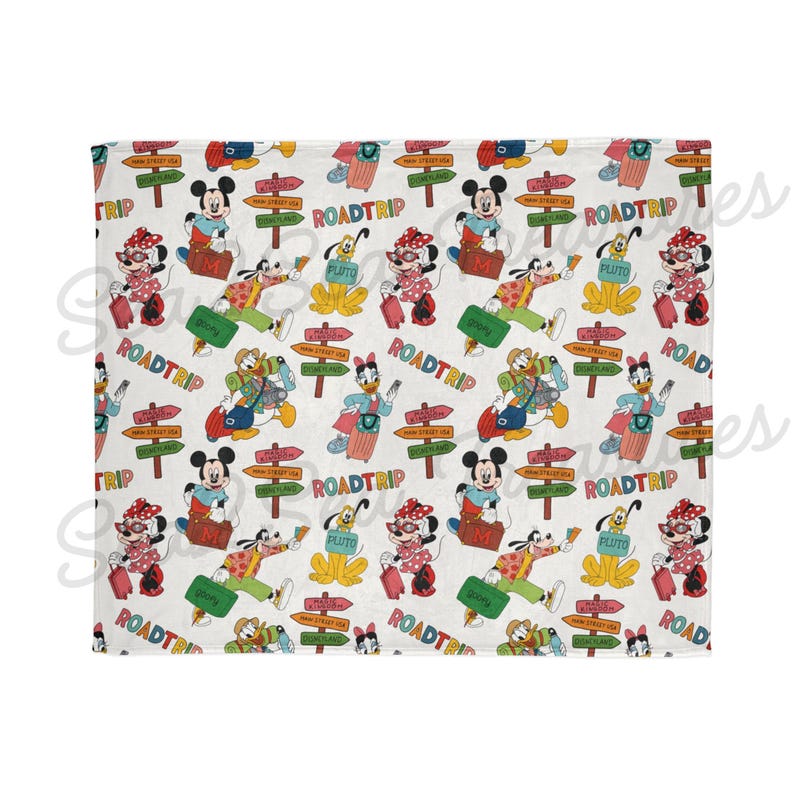 May include: A white fabric with a repeating pattern of Mickey Mouse and Pluto characters on a road trip. The characters are wearing sunglasses and holding suitcases. The background is white with colorful road signs that say "Roadtrip".