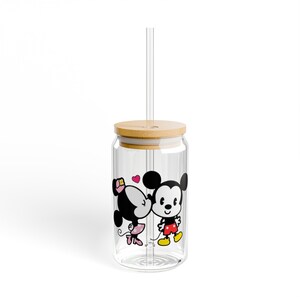 Disney Mickey and Minnie Sipper Glass with Bamboo Lid & Straw, 16oz Glass Tumbler, Mickey Mouse Tumbler, Disney Cup, Minnie Mouse Tumbler image 4