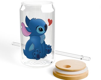 Disney Stitch Sipper Glass with Bamboo Lid & Straw, 16oz Glass Tumbler, Stitch Tumbler, Disney Cup, Lilo and Stitch Tumber, Glass Jar