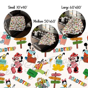 May include: A white fleece blanket with a repeating pattern of Disney characters, including Mickey Mouse, Minnie Mouse, Pluto, Goofy, and Donald Duck. The characters are dressed in casual clothing and are holding suitcases and signs that say "Roadtrip" and "Main Street USA Disneyland". The blanket is available in three sizes: 30"x40", 50"x60", and 60"x80".