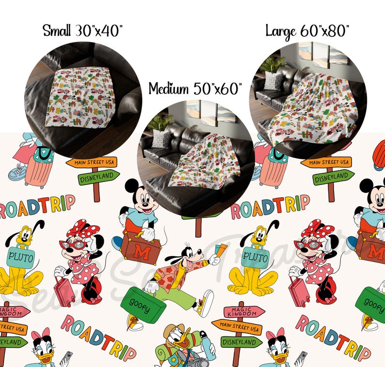 May include: A white fleece blanket with a repeating pattern of Disney characters, including Mickey Mouse, Minnie Mouse, Pluto, Goofy, and Donald Duck. The characters are dressed in casual clothing and are holding suitcases and signs that say "Roadtrip" and "Main Street USA Disneyland". The blanket is available in three sizes: 30"x40", 50"x60", and 60"x80".