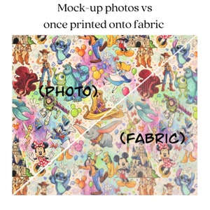 May include: A comparison of a digital mock-up and a printed fabric design featuring a colorful pattern of Disney characters, including Mickey Mouse, Minnie Mouse, Stitch, and more. The text "(PHOTO)" and "(FABRIC)" labels the two halves of the image.
