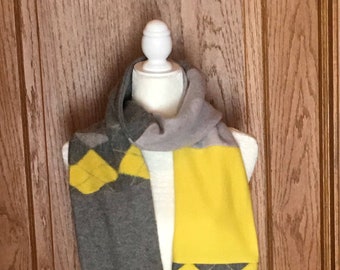 Upcycled Mens or Womens Felted Merino Wool & Felted Cashmere Scarf in Light Gray, Yellow, and Dark Gray - #11