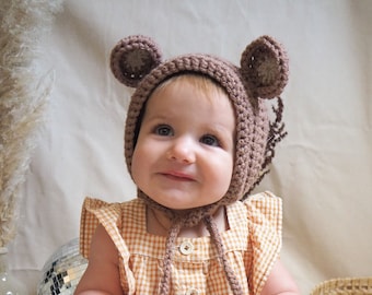 Bear Bonnet, Baby Bonnet, Girls Bonnet, Boys Bonnet, Unisex Bonnet, Kids Bonnet, Bonnet with Ears, Handmade UK, Baby Bonnet with Ears