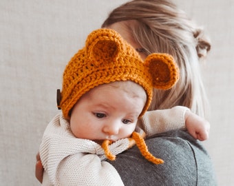 Baby Bonnet, Bear Bonnet, Baby Bear Bonnet, Winnie the Pooh inspired bonnet, Bonnet, Baby Bear, Handmade UK, Baby Bonnet UK, Knitted Bonnet