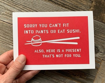 Honest Baby Shower Card, Sorry You Can't Fit in Pants or Eat Sushi, Baby Shower Card, Funny Baby Shower Card, Card for New Mom, Pregnancy