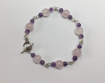 Rose Quartz Silver Bracelet, Amethyst Bracelet, Gift for Her, Quartz Bracelet, Stone Bracelet, Gemstone Bracelet, Pink and Purple Bracelet