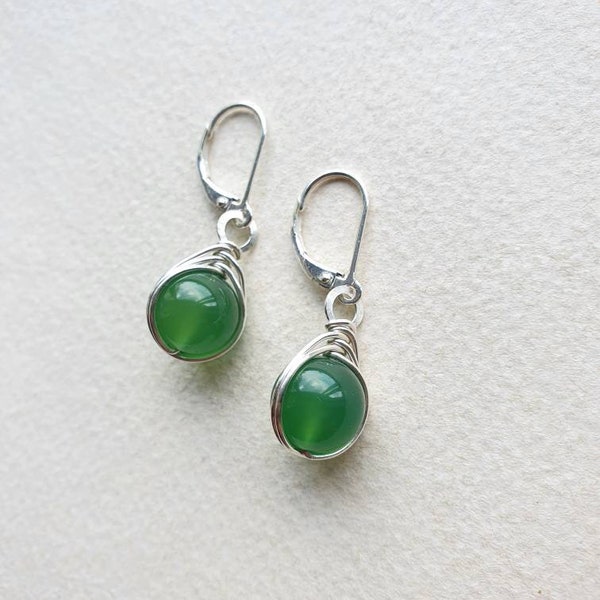 Green Onyx Earrings, Sterling Silver Earrings, Gemstone Earrings, Gift for Her, Green Stone Earrings, 10mm Green Onyx Beads, Handmade in UK