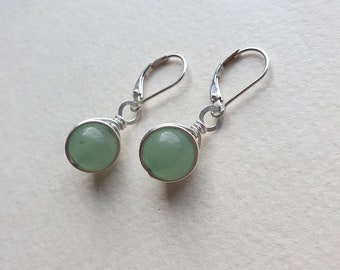 Green Aventurine Earrings, Wire Wrapped Drop Earrings, Quartz Earrings, Silver Earrings, 925 Lever Back Earrings, 10 mm Aventurine Beads