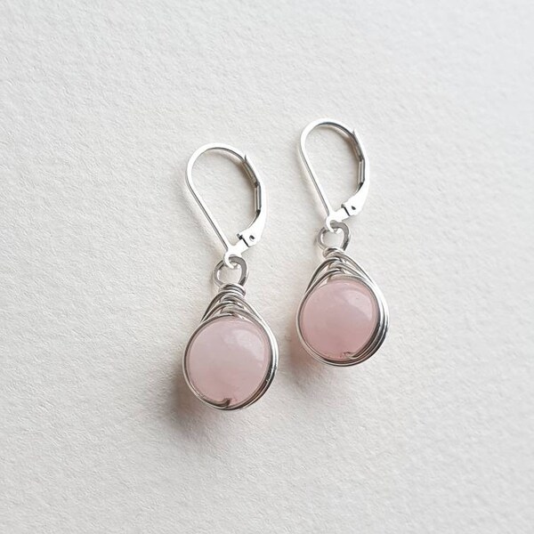 Rose Quartz Earrings, Wire Wrapped Earrings, Silver Earrings, Gift For Her, 925 Lever Back Earrings, 10 mm Rose Quartz Beads, Handmade in UK