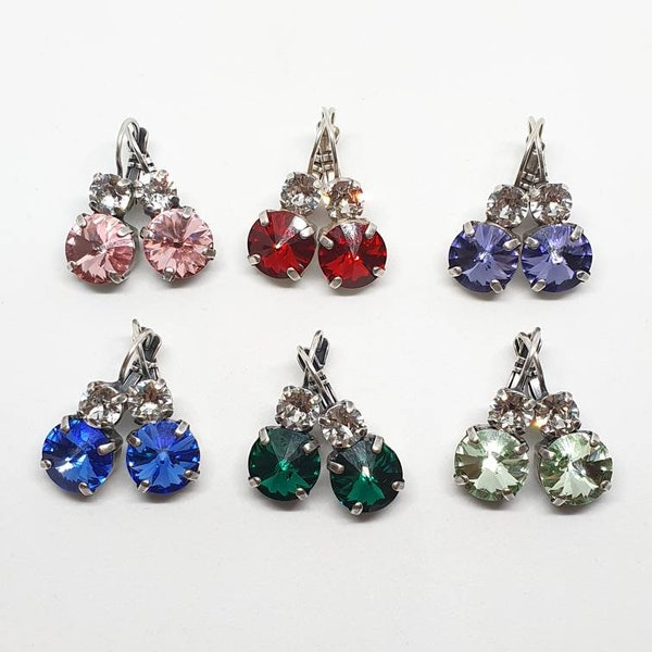 Swarovski Earrings, Light Rose/ Scarlet/ Tanzanite/ Sapphire/ Emerald/ Chrysolite Earrings, Double Stone Earrings, 1122 Rivoli Crystals