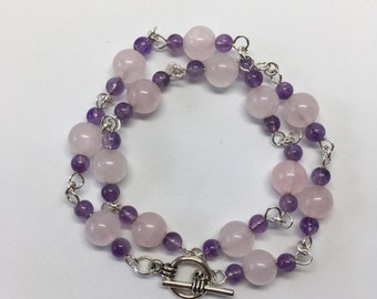 Rose Quartz Double Strand Bracelet, Silver Bracelet, Amethyst Bracelet, Gemstone Bracelet, Rose Quartz Bracelet, Gift for Her