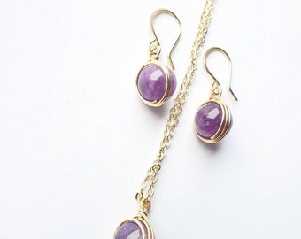 14K Gold-filled Amethyst Set, Amethyst Earrings & Pendant, Amethyst Jewellery, Drop Earrings, Amethyst Set, Gift for Her