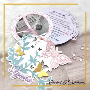 Faire-part FILLE PAPILLONS et FLEURS- Carterie Champêtre Naissance / baptême - Création fait-main, personnalisée