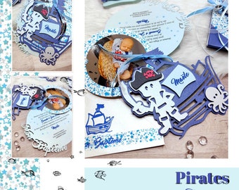 Faire-part ENFANT  PIRATE à l'abordage - Naissance , Baptême Garçon. Carterie Scrapbooking Personnalisée