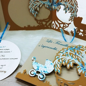 Invitación MIXTO ÁRBOL DE LA VIDA y Cochecito - Bautismo / Nacimiento - Papelería personalizada