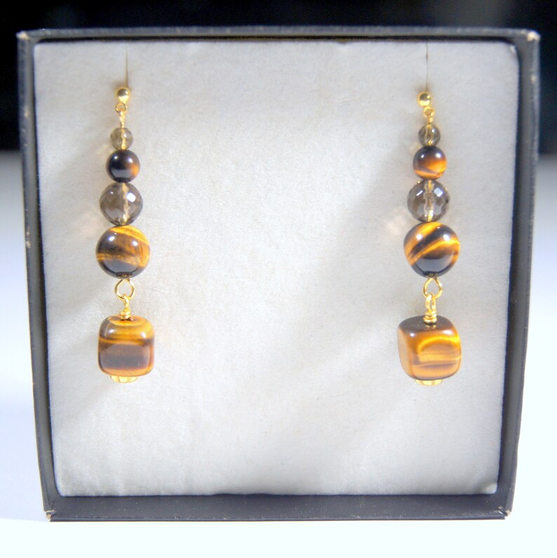 Tigers Eye & Smokey Quartz Statement Earrings Geometric Etsy