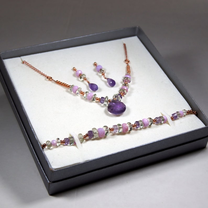 Boho Opal Jewelry Lavender Opal Pastel gemstone Jewelry Amethyst and Green Amethyst Rose Gold Jewellery Set Artisan Prasiolite