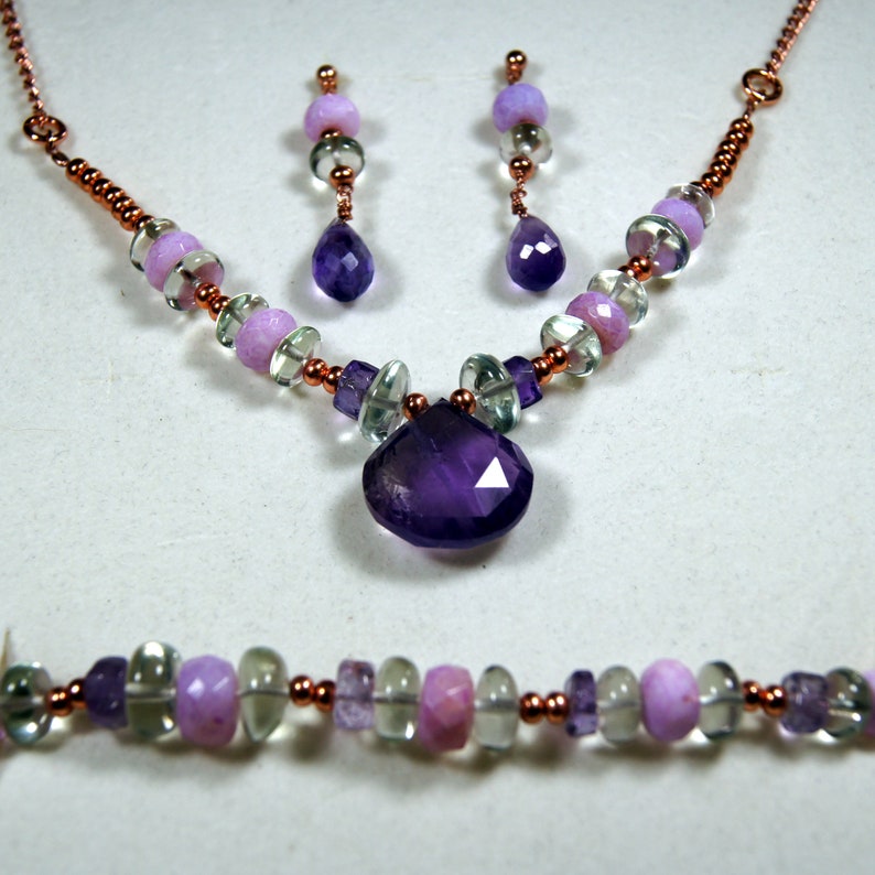 Boho Opal Jewelry Lavender Opal Pastel gemstone Jewelry Amethyst and Green Amethyst Rose Gold Jewellery Set Artisan Prasiolite
