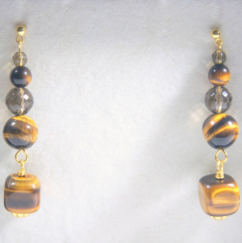 Tigers Eye & Smokey Quartz Statement Earrings Geometric Etsy