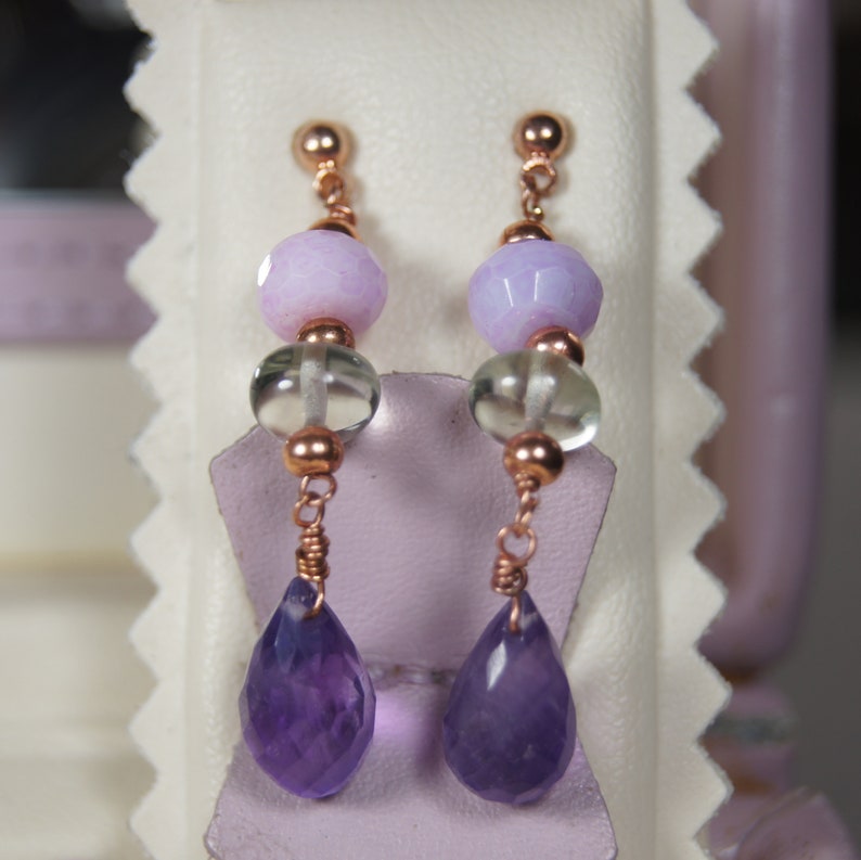 Boho Opal Jewelry Lavender Opal Pastel gemstone Jewelry Amethyst and Green Amethyst Rose Gold Jewellery Set Artisan Prasiolite