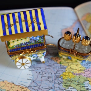 Limoges flower cart canopy trinket box, perfume bottle basket, peint main, signed, gold accents, miniatures, France trinket,SOLD separately