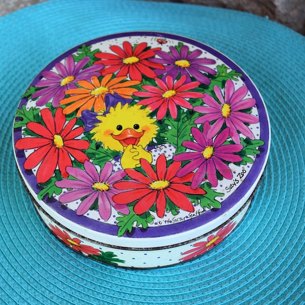 Susy's Zoo tin can, round, duck and flowers, 1994, Susy Spafford, daisy tin, animal tin, child tin