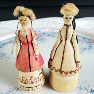 Rare Vintage Russian (USSR) miniature wooden/ composite material folk-art costume dolls, pair, old, handmade, folk art small dolls,