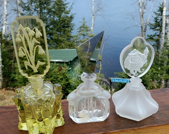 Vintage Irice Art Deco Perfume Bottle: Czech & Japan Glass, Floral Stopper