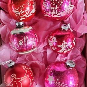 Choice of unique old Shiny Brite stenciled mercury glass Christmas ornaments, nursery rhyme, Hello, silent night/ church, shooting star.