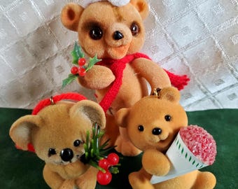 Three vintage retro flocked brown bears Christmas ornament lot Hallmark, Very Strawbeary Bear, snow cone bear ornament, Koala bear, 1980s