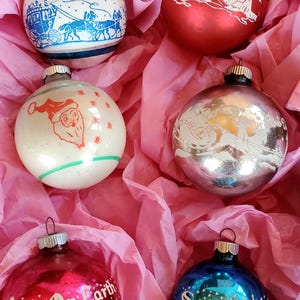 Choice of unique old Shiny Brite stenciled mercury glass Christmas ornaments, Santa, sleigh, reindeer, coach, winter scene, Silent night