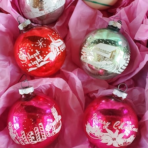 Choice of unique old Shiny Brite stenciled mercury glass Christmas ornaments, Silent Night, Hello, barn scene, Santa,