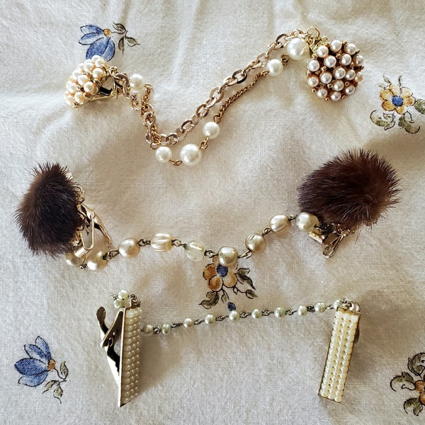 Vintage sweater clips /guards jewelry, mink sweater clip, faux pearl clip, bar faux pearl sweater clip, cardigan closure, Sold Separately