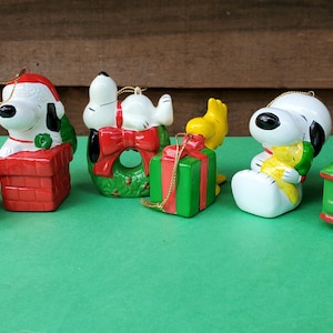 Snoopy Woodstock ceramic Christmas ornaments, Peanuts, SOLD separately, Santa Snoopy, Woodstock / present, train, wreath, chimney, 60s-80&#39;s