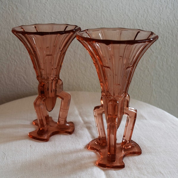 Art Deco Pink glass Rocket vases, Triple Legged, Two, Czech / Bohemian, Rosice glass works, 1930s, pair of rocket vases, art deco decor