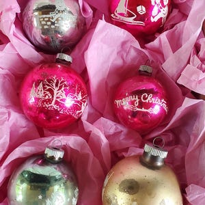 Choice of unique old Shiny Brite stenciled mercury glass Christmas ornaments, angels, skaters, HumptyDumpty,nursery rhyme, musicians
