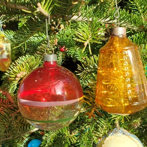 Vintage Un silvered tinsel Made in US OF A  glass beaded lantern, striped ball ornaments, Choice, pre WWII era, 1940s, transparent
