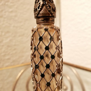 Vintage miniature Estee Lauder metal filigree glass perfume bottle, mini caged perfume bottle, perfume bottle collectible