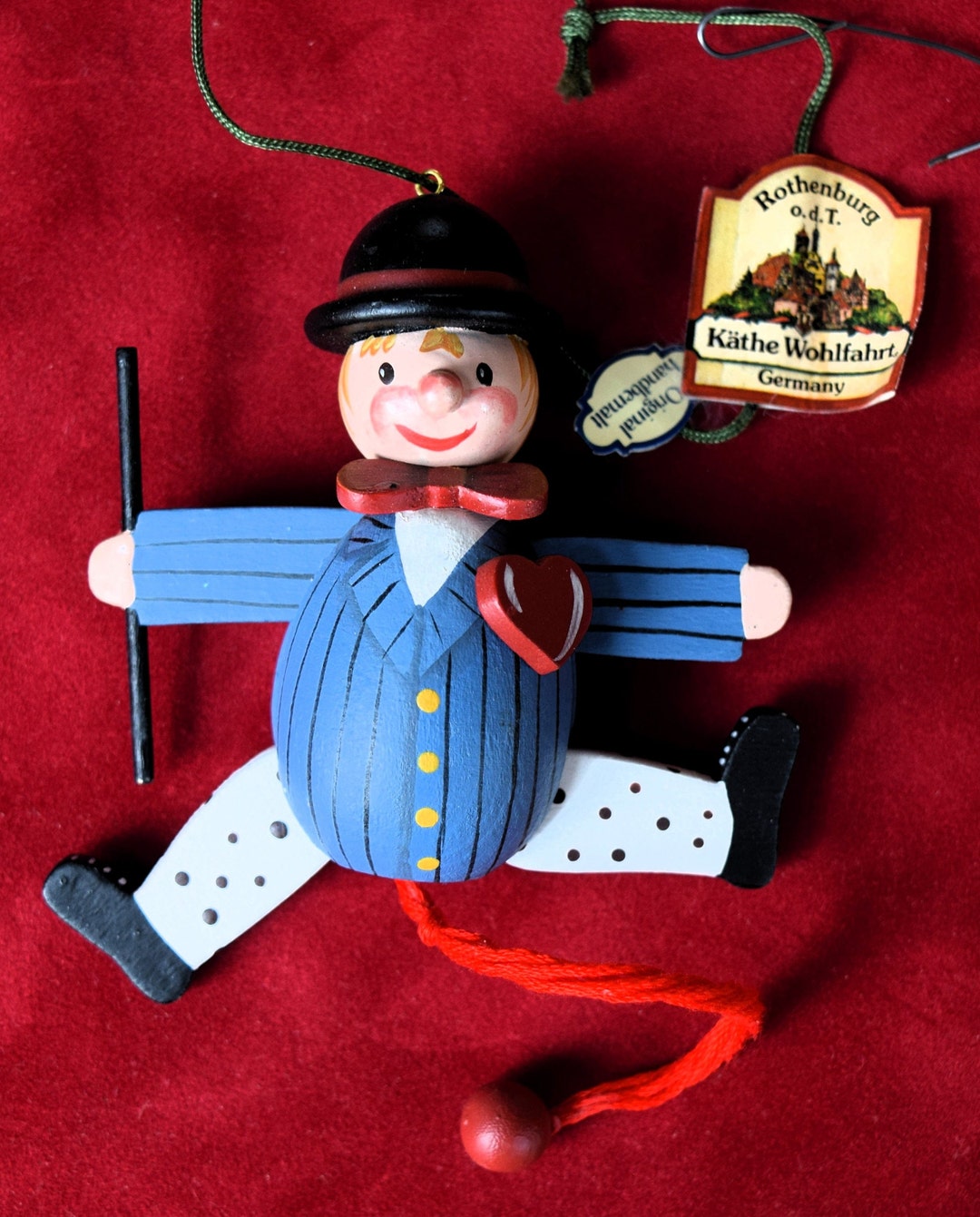 Vintage Kathe Wohlfahrt Pull String Christmas German Ornament, Wooden