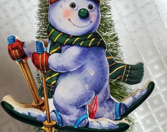 Pull string snowman skiing ornament / toy, wooden, jumping jack, motion, 2-sided, articulated, Taiwan