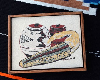 Vintage Signed Sand Painting: Corn & Pottery, Southwestern Art